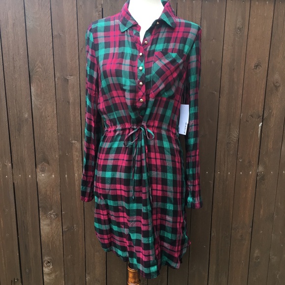 JustFab Dresses & Skirts - Just Fab | Red/Green Button Down Tie Tunic/Dress